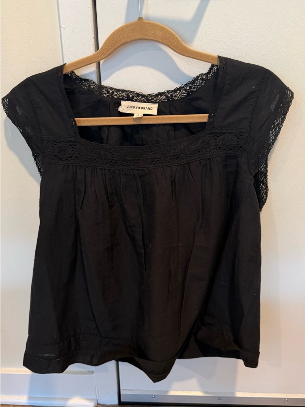 Flowy Lucky Brand Black Lace-Trim Square Neck Blouse